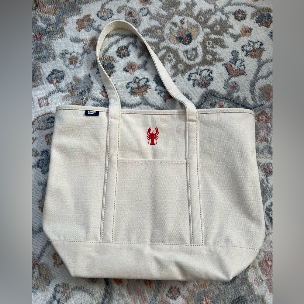 Lands' End Cream Canvas Tote with Red Lobster Embroidery